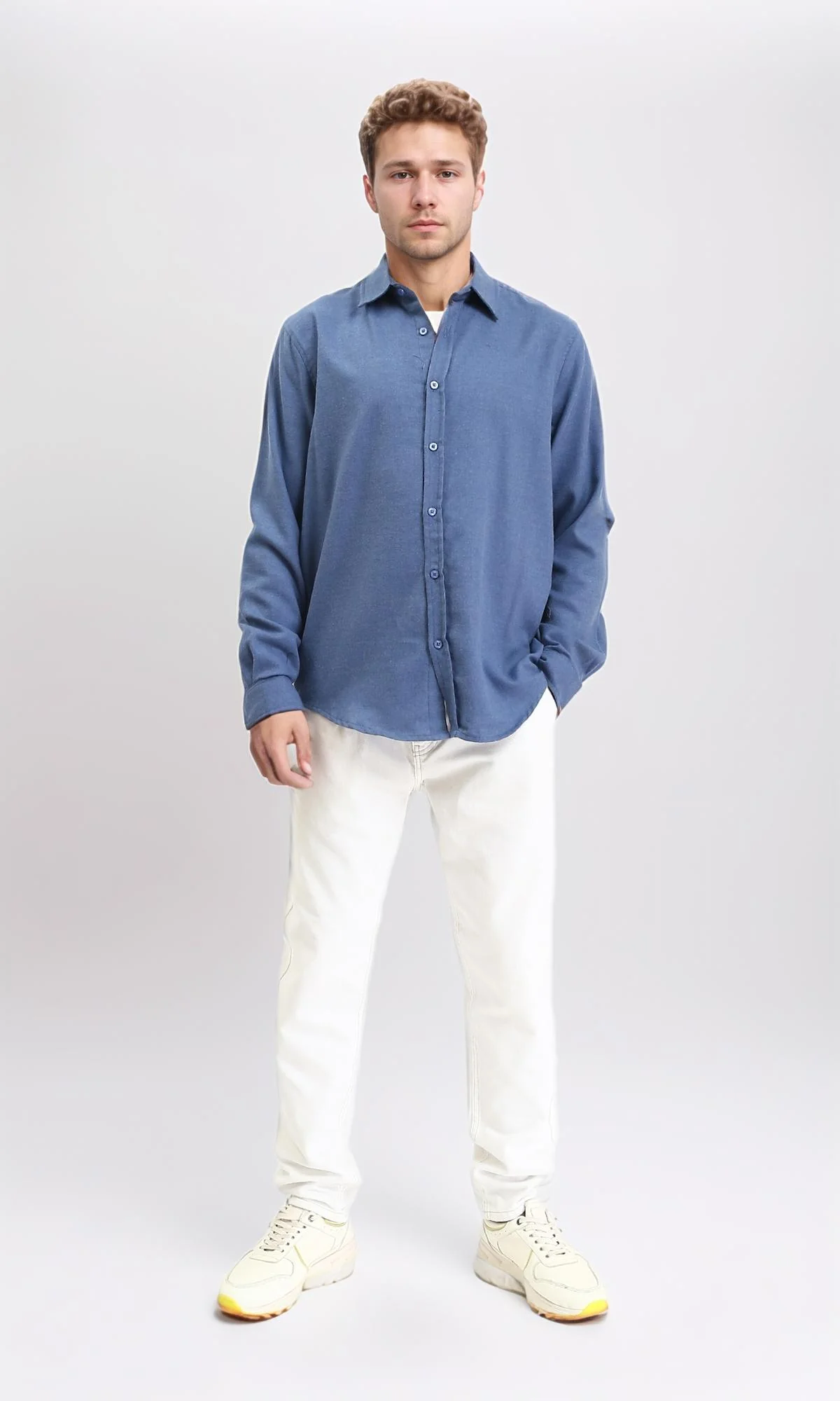R210694 - Solid Long Sleeves Cotton Shirt - Steel Blue - Image 3