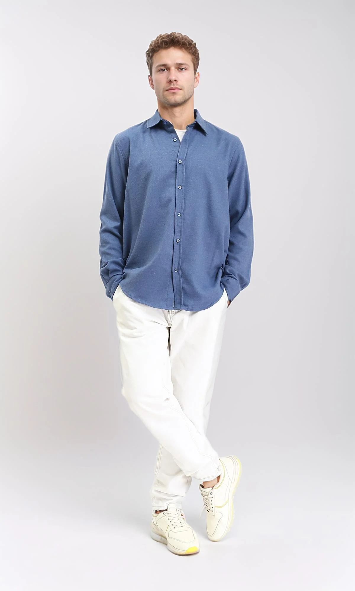R210694 - Solid Long Sleeves Cotton Shirt - Steel Blue - Image 4