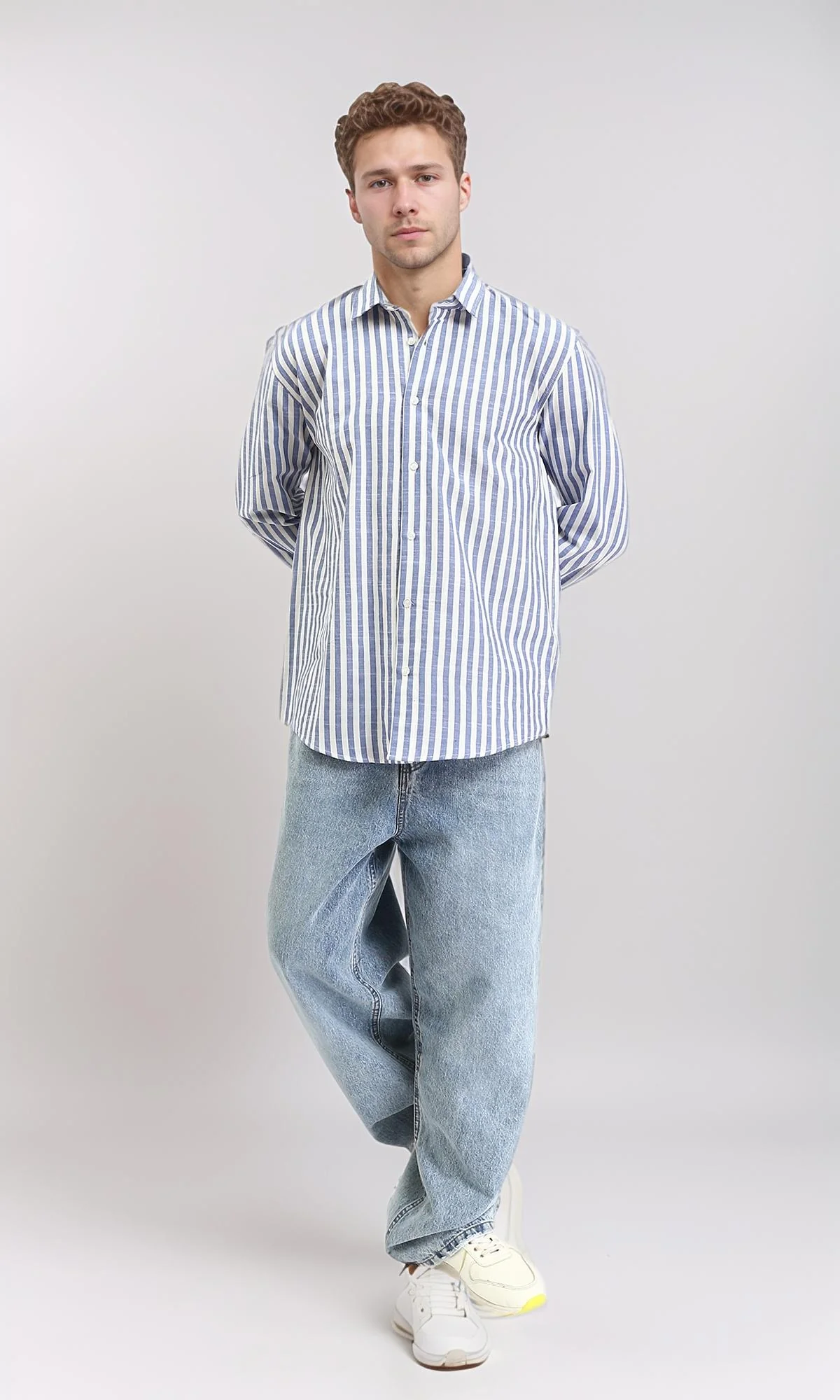 R210695 - Striped Buttoned Down Casual Shirt - Navy Blue & White - Image 3