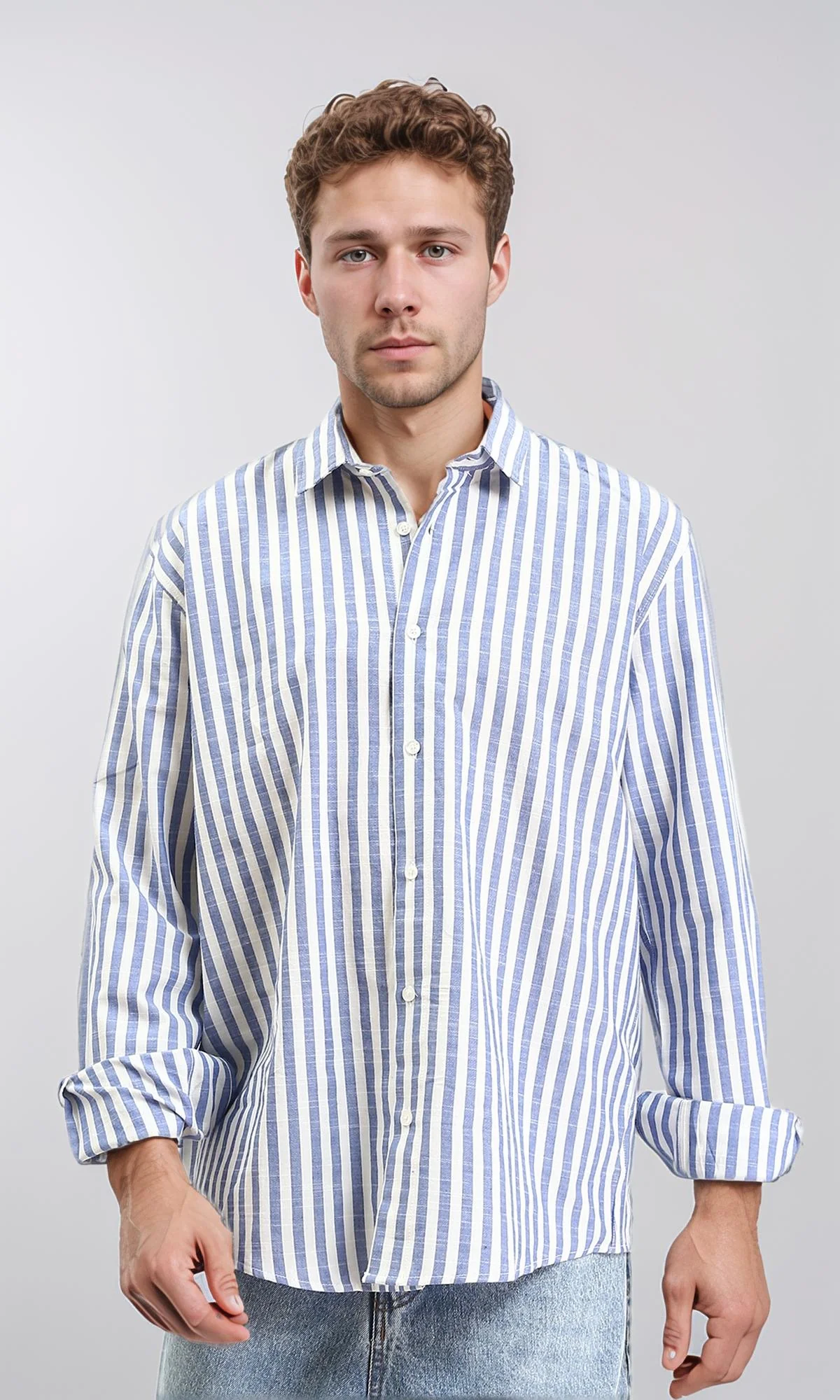 R210695 - Striped Buttoned Down Casual Shirt - Navy Blue & White - Image 4