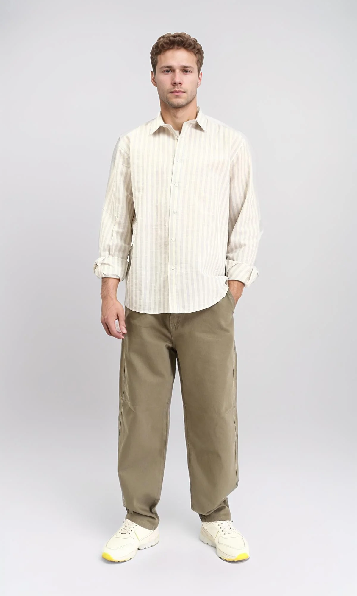 R210696 - Striped Buttoned Down Casual Shirt - Light Yellow & Light Grey - Image 3