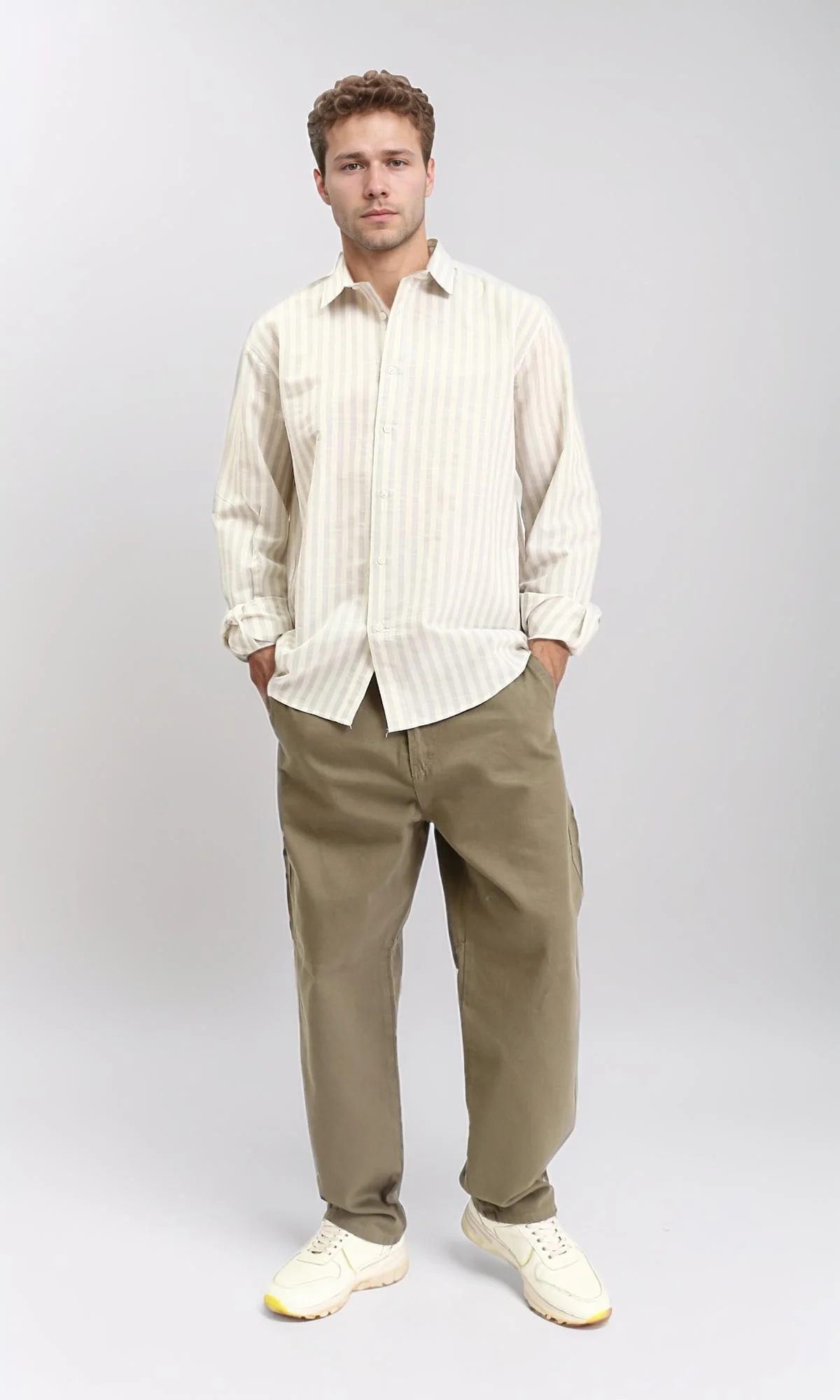 R210696 - Striped Buttoned Down Casual Shirt - Light Yellow & Light Grey - Image 4