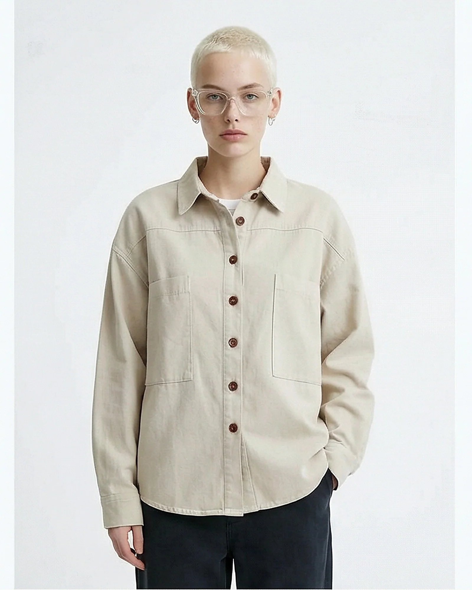 R210715 - Solid Casual Shirt with Front Pockets - Dark Beige