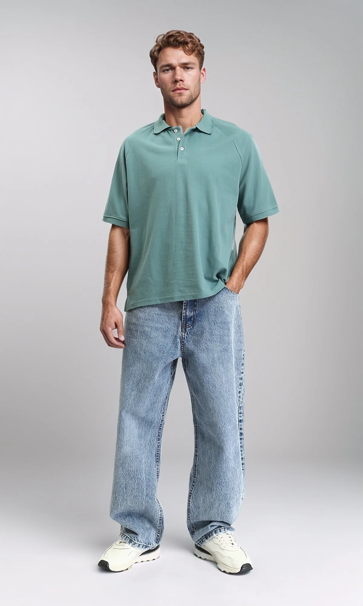 R210781 - Buttoned Neck Elbow Sleeves Polo Shirt - Dark Mint - Image 5