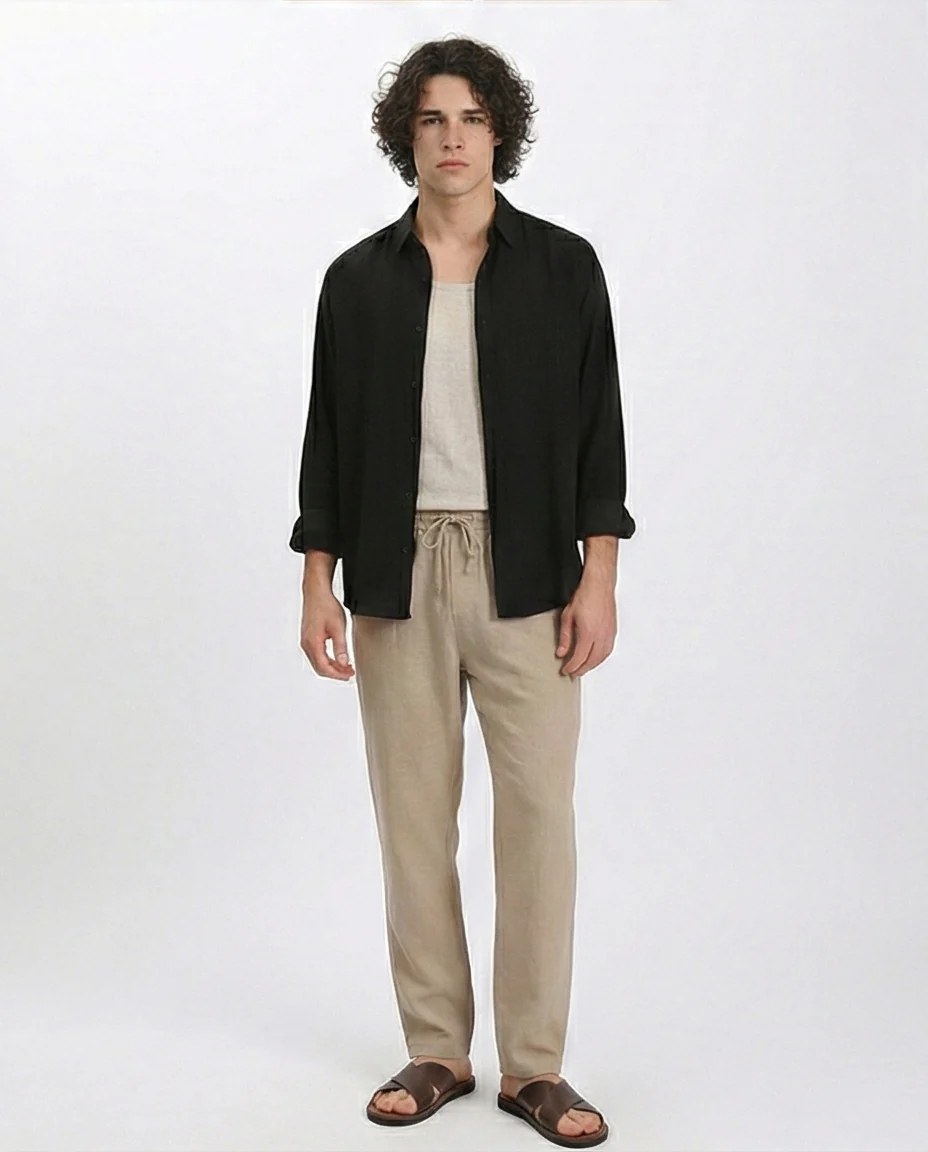 R210820 - Textured Long Sleeves Comfy Shirt - Black - Image 4