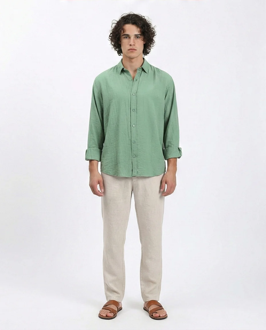 R210821 - Textured Long Sleeves Comfy Shirt - Green - Image 4