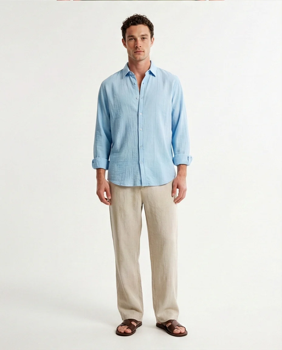R210822 - Textured Long Sleeves Comfy Shirt - Sky Blue - Image 4