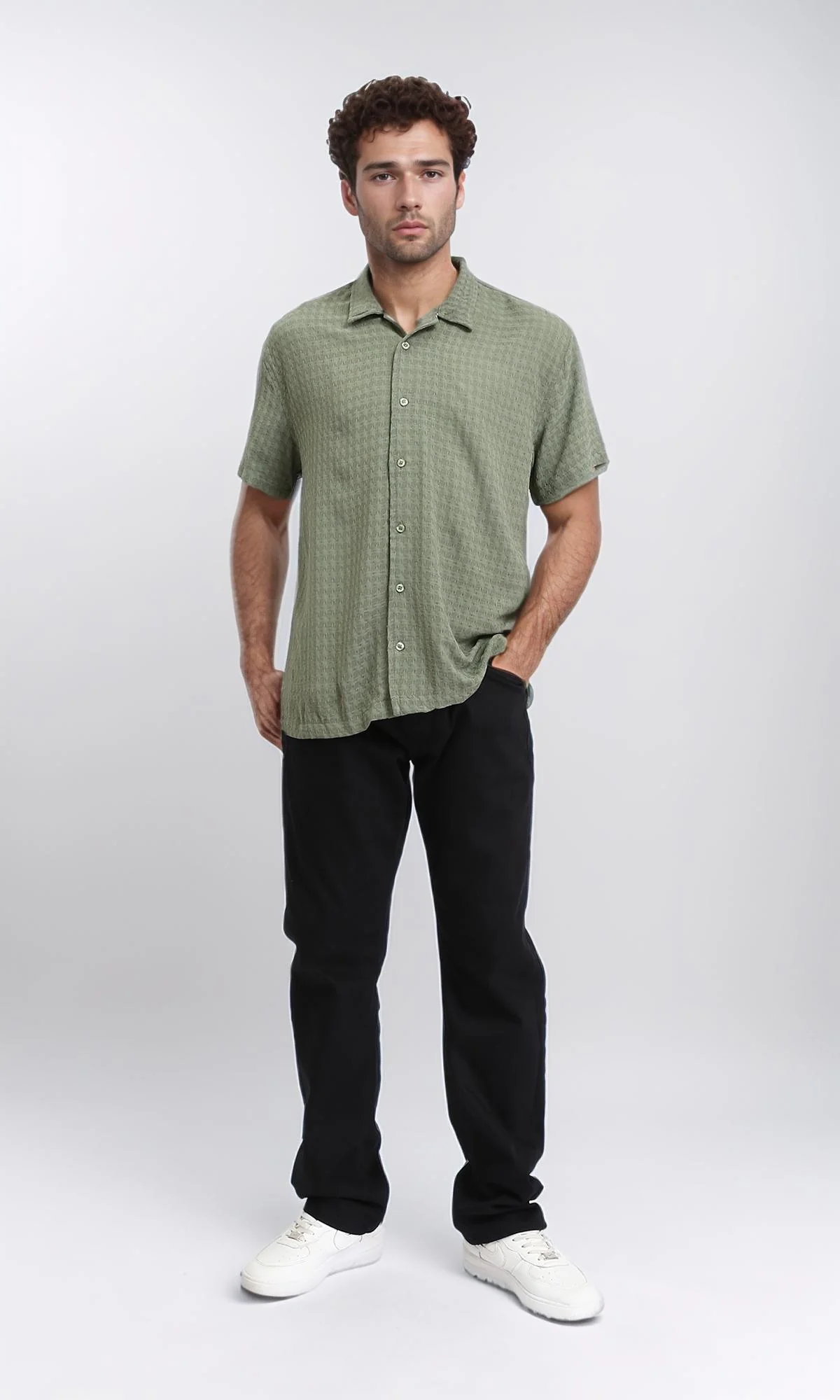 R210828 - Self Pattern Short Sleeves Summer Shirt - Olive - Image 4