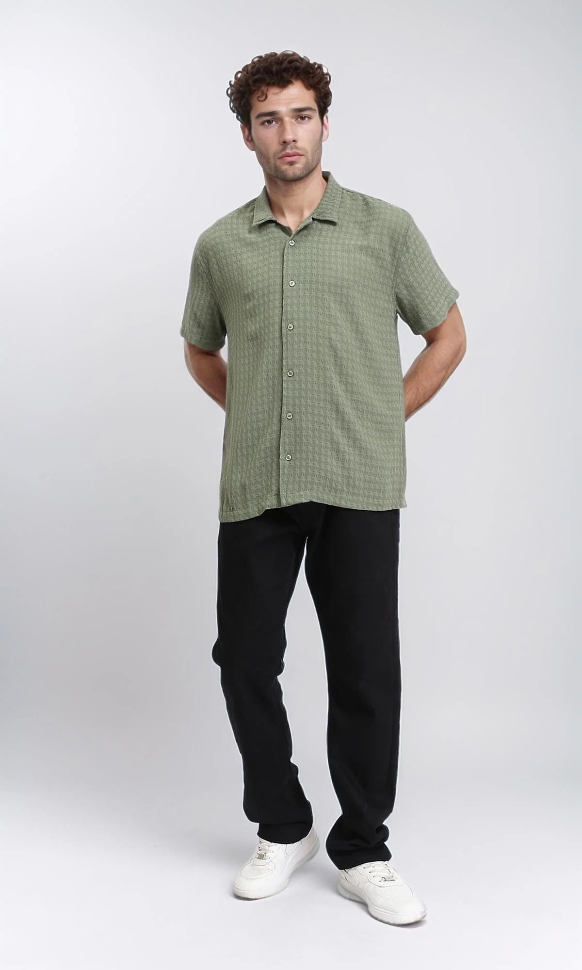 R210828 - Self Pattern Short Sleeves Summer Shirt - Olive - Image 5