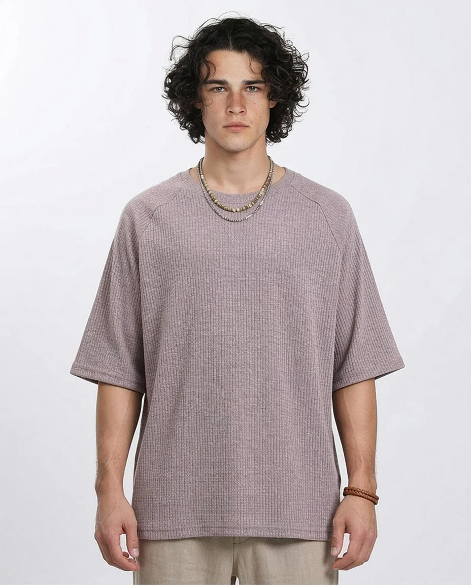 Ravin | Men's Oversized Mauve Waffle-Knit Raglan Tee - Dark Coffee - R210937
