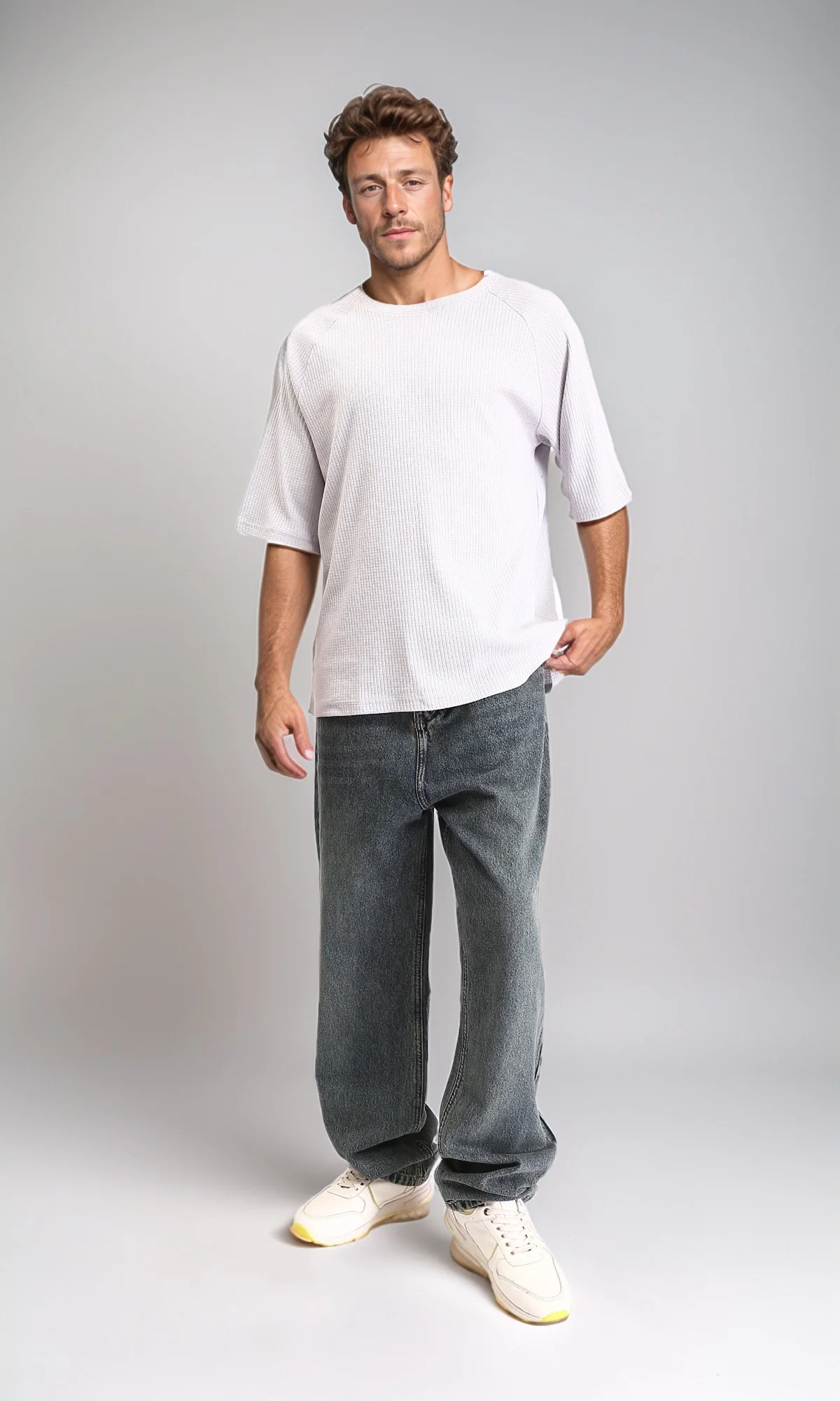 R210938 - Crew Neck Self Pattern Tee - Light Grey - Image 5