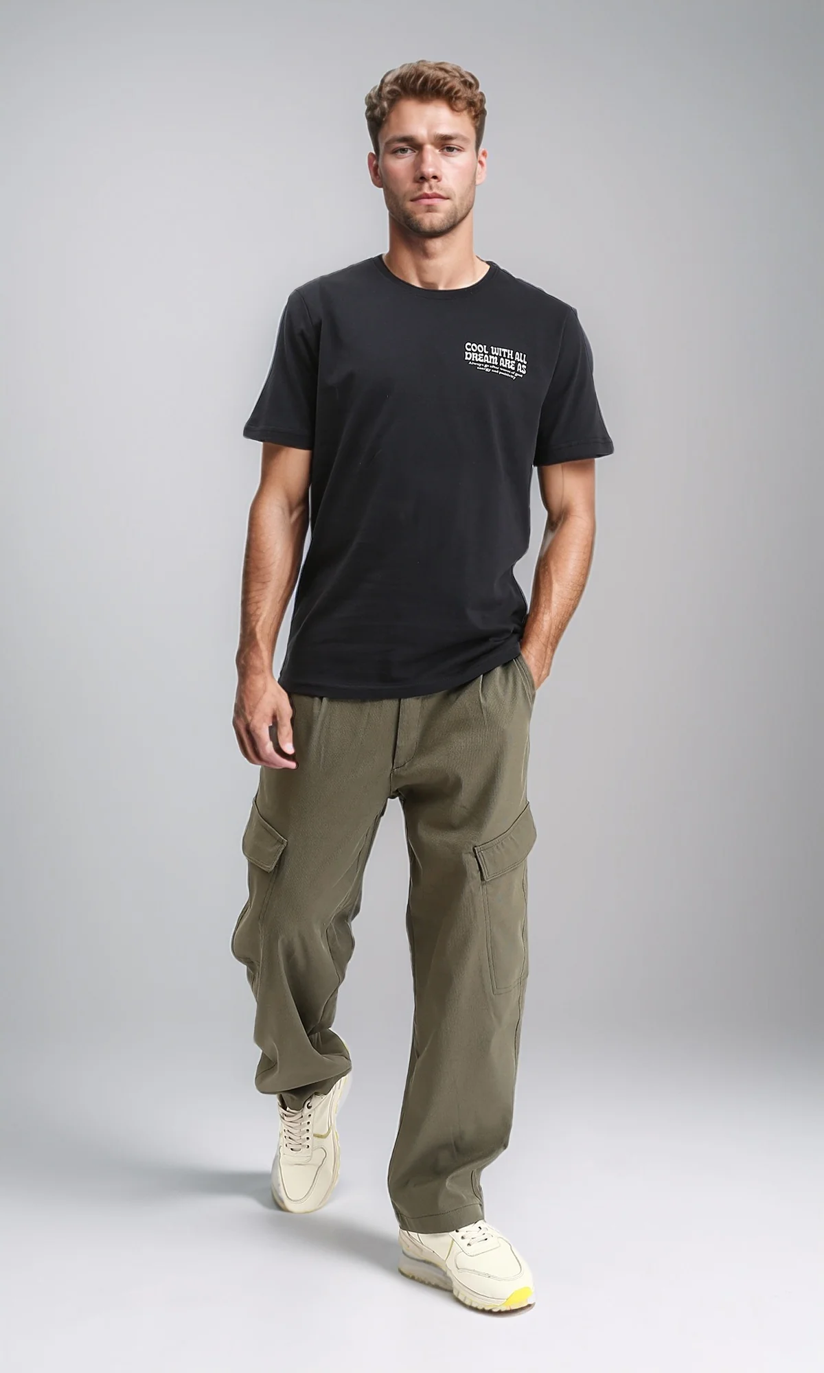 R211024 - Solid Wide Cargo Pants - Dark Olive - Image 4