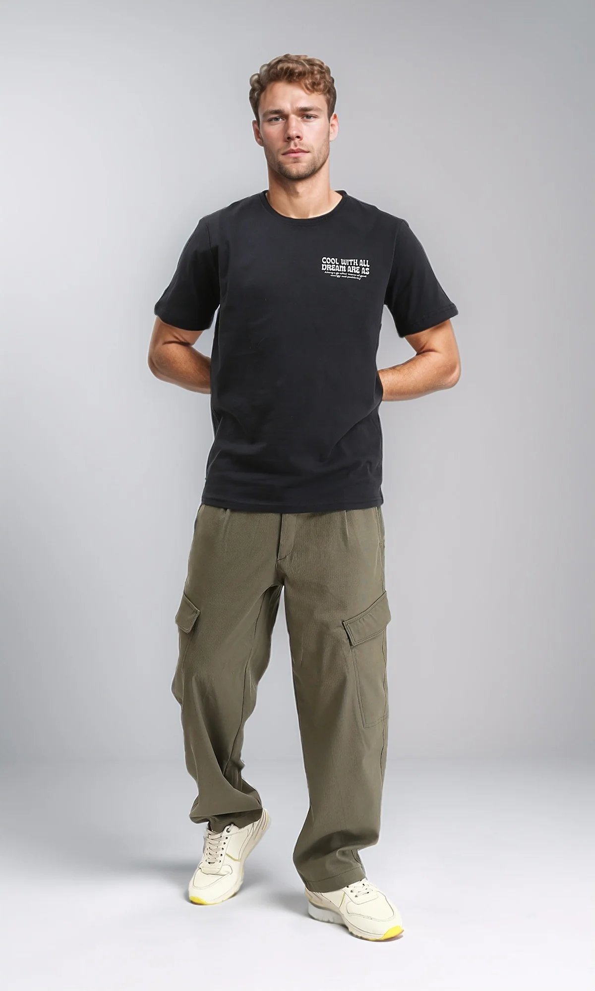 R211024 - Solid Wide Cargo Pants - Dark Olive - Image 5