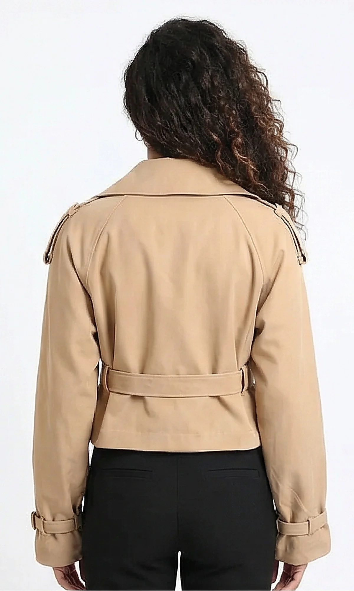 R211072 - Cropped Trench Jacket with Waist Belt - Coffee - Image 2