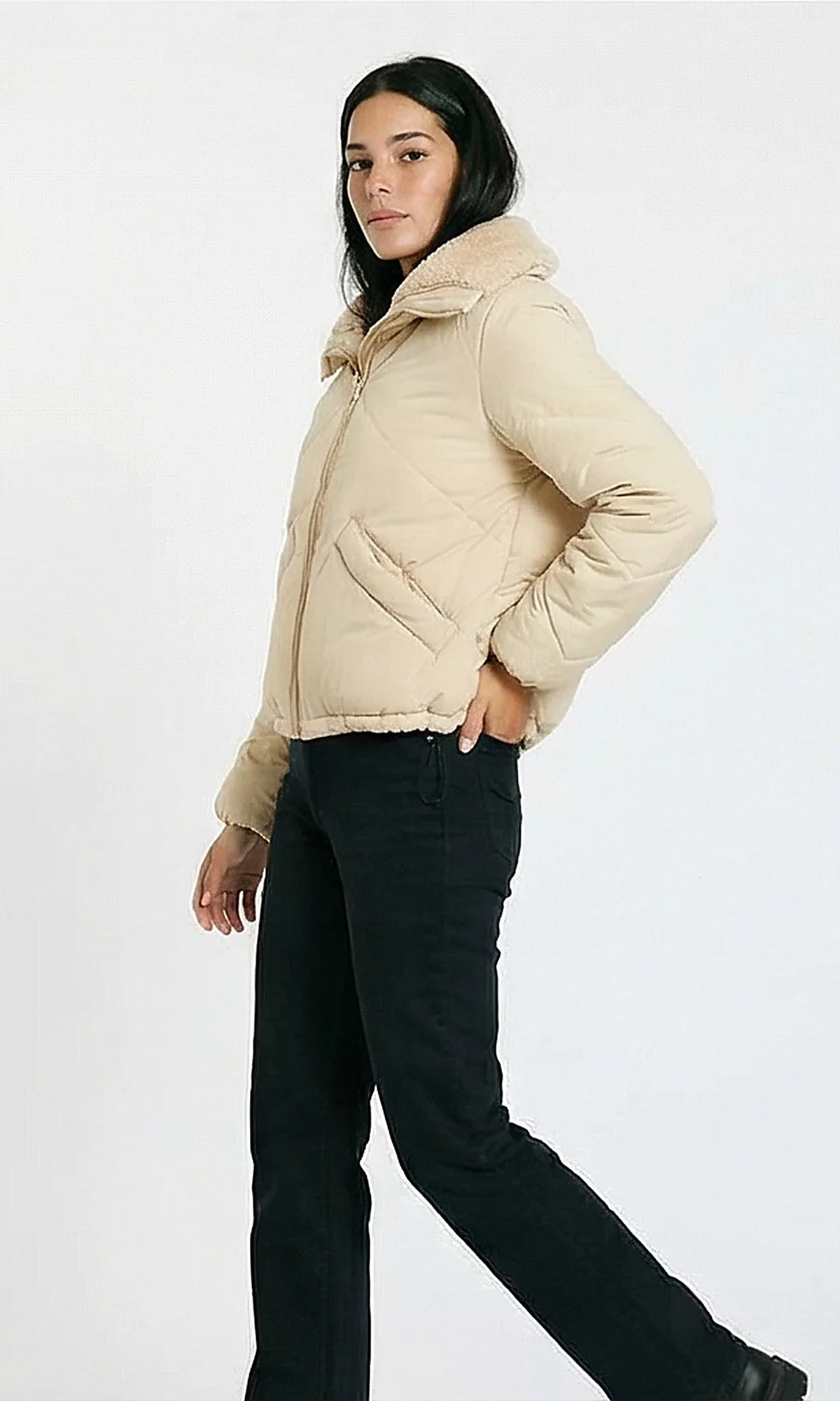 R211078 - Coziness Puffer Jacket with Inner Fur - Beige - Image 4