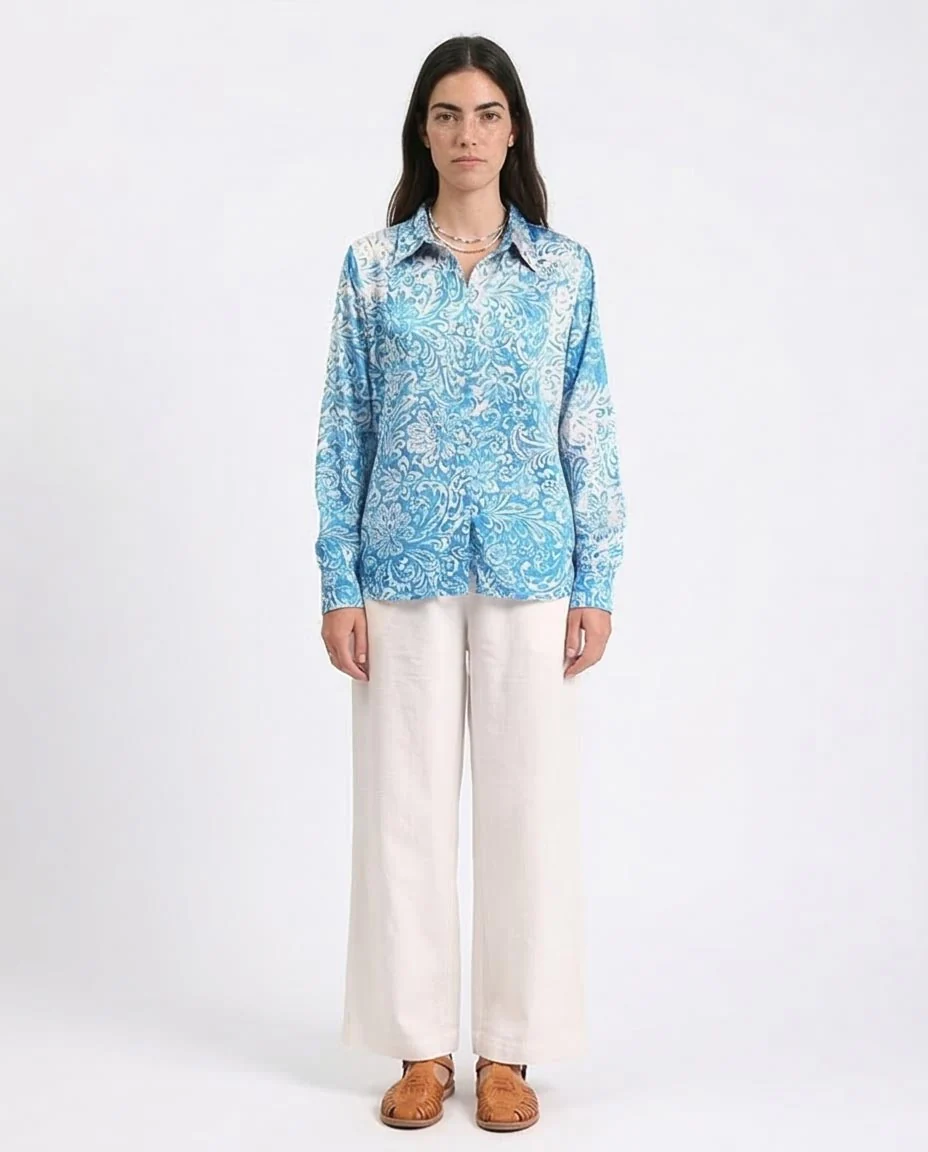 Ravin Women's Paisley Print Satin-Finish Long Sleeve Button-Down Shirt - Blue/White - R211085 - Image 3