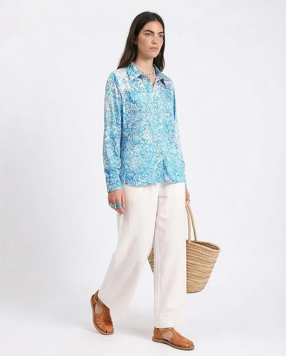 Ravin Women's Paisley Print Satin-Finish Long Sleeve Button-Down Shirt - Blue/White - R211085 - Image 5