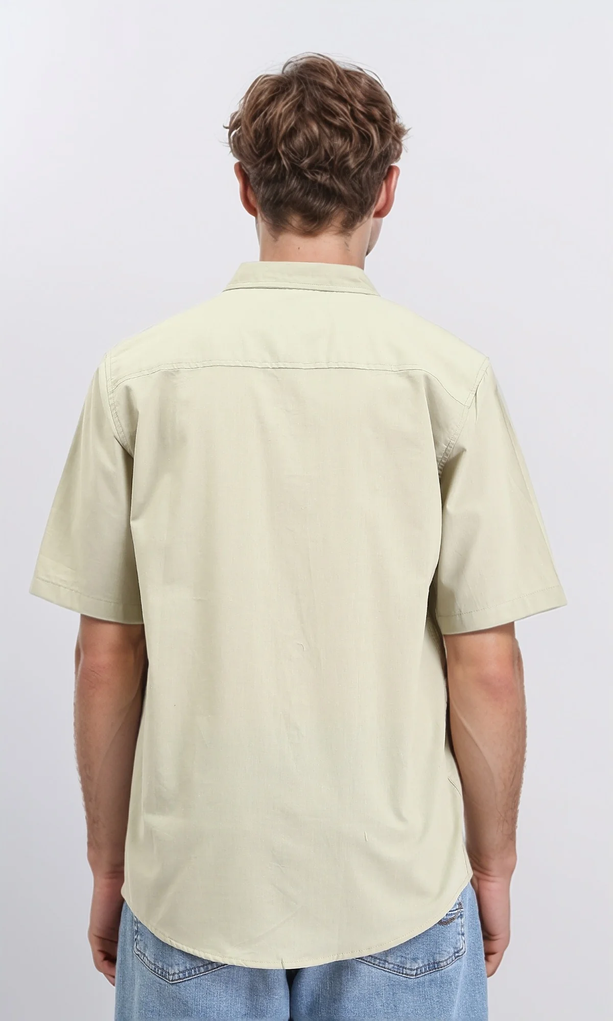 R211098 - Solid Elbow Sleeves Cotton Shirt - Light Olive - Image 2