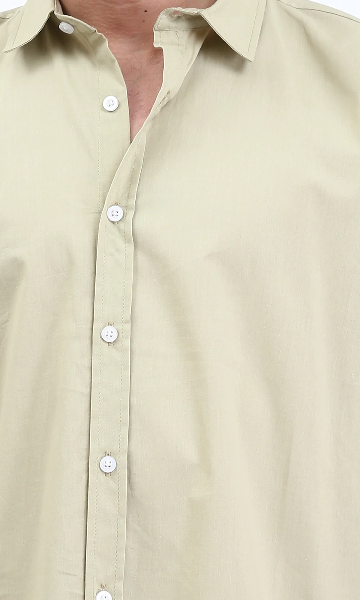 R211098 - Solid Elbow Sleeves Cotton Shirt - Light Olive - Image 3