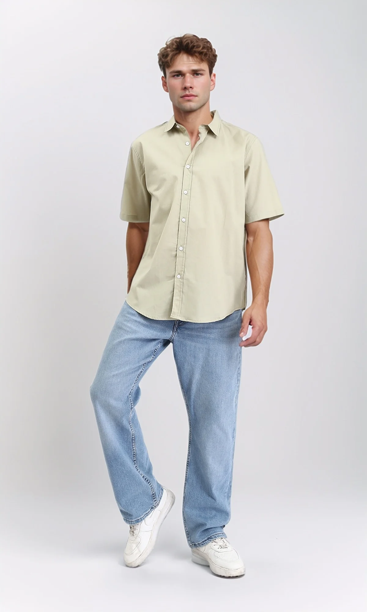 R211098 - Solid Elbow Sleeves Cotton Shirt - Light Olive - Image 4