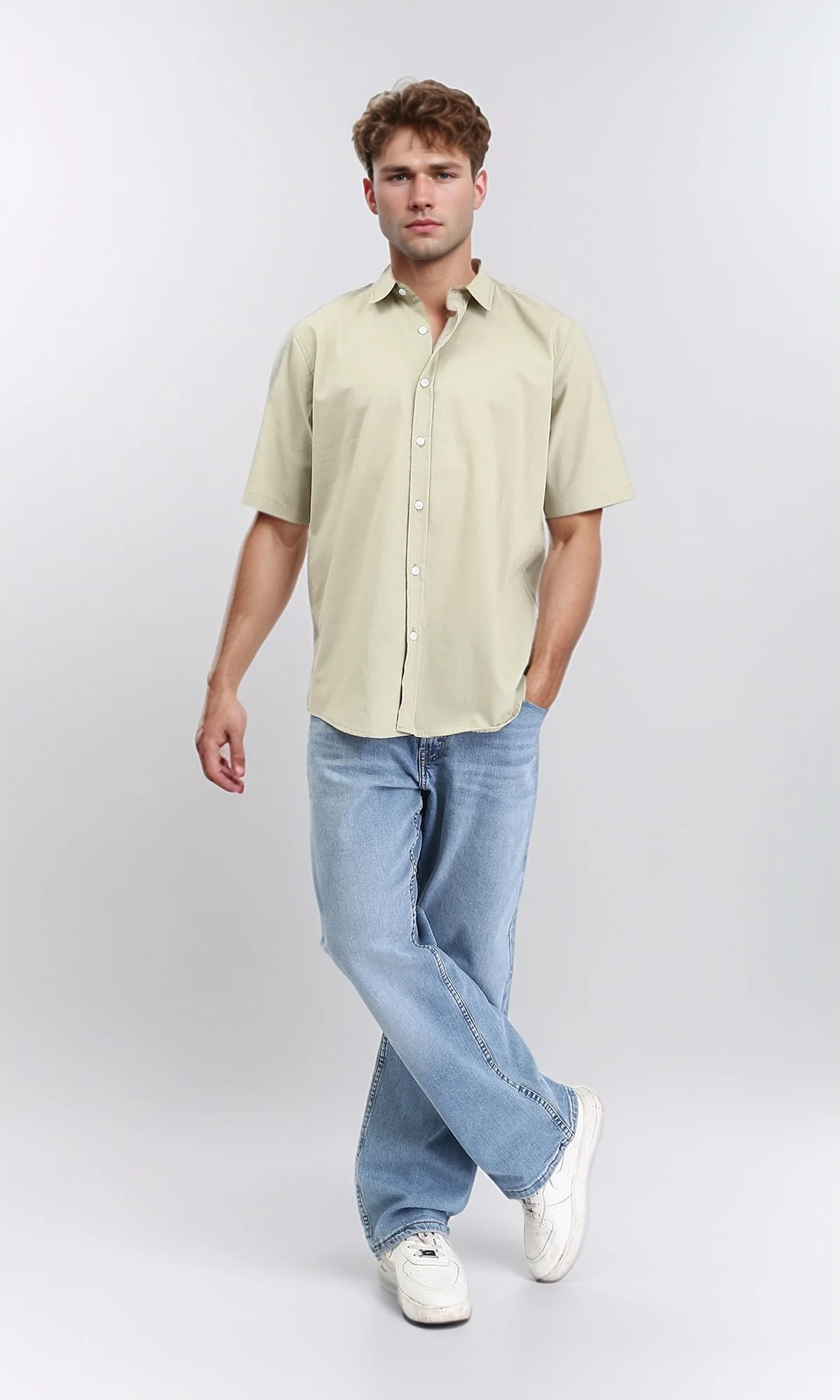 R211098 - Solid Elbow Sleeves Cotton Shirt - Light Olive - Image 5