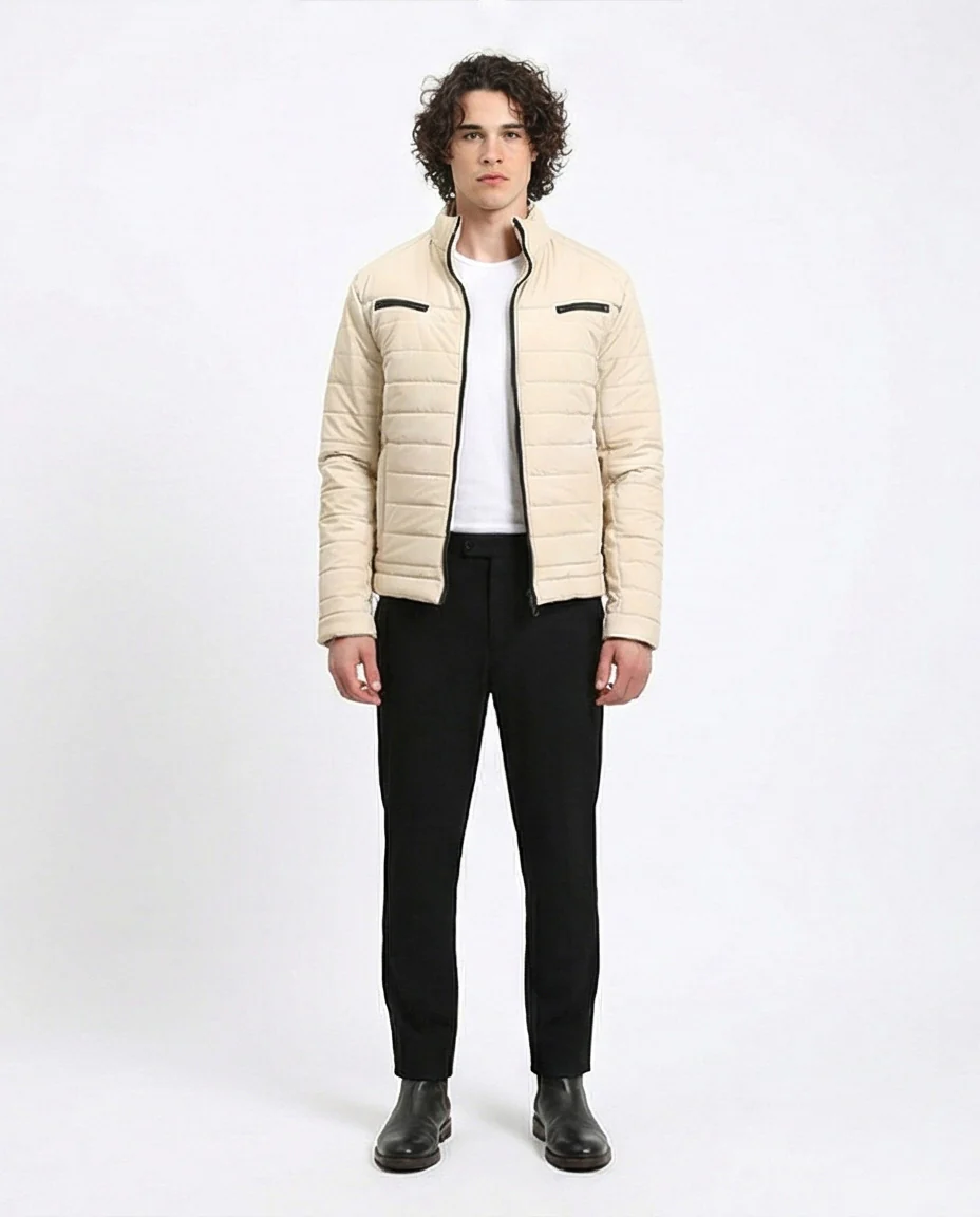 R211180 - Zipped Quilted Jacket with Pockets - Light Beige - Image 3
