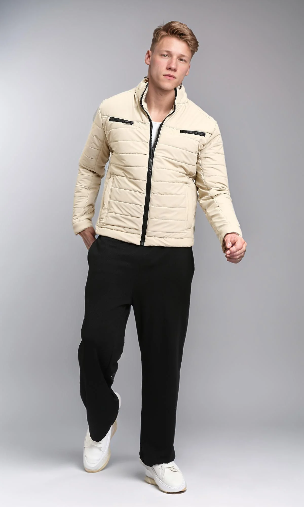 R211180 - Zipped Quilted Jacket with Pockets - Light Beige - Image 5