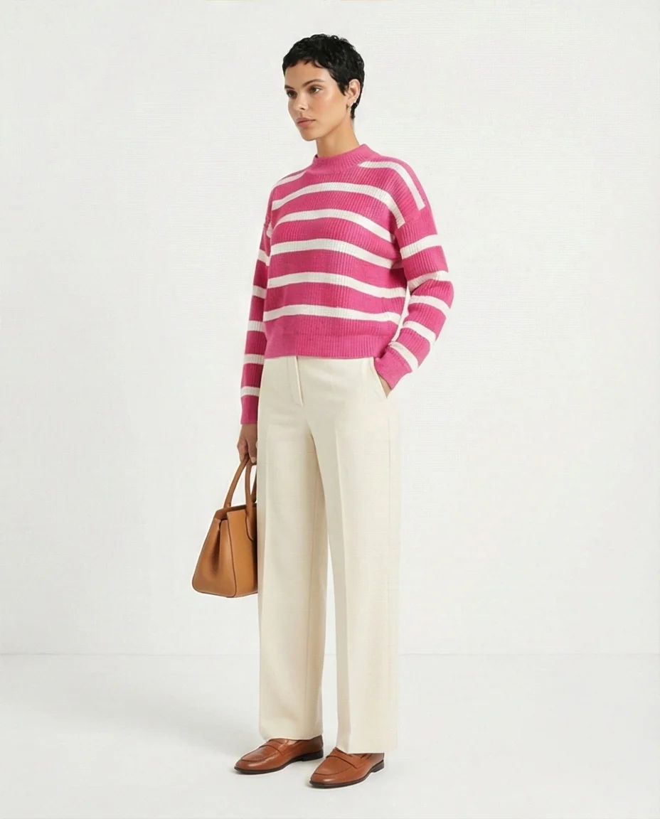 R211188 - Casual Striped Pullover with Ribbed Neck - Fuchsia & White - Image 4