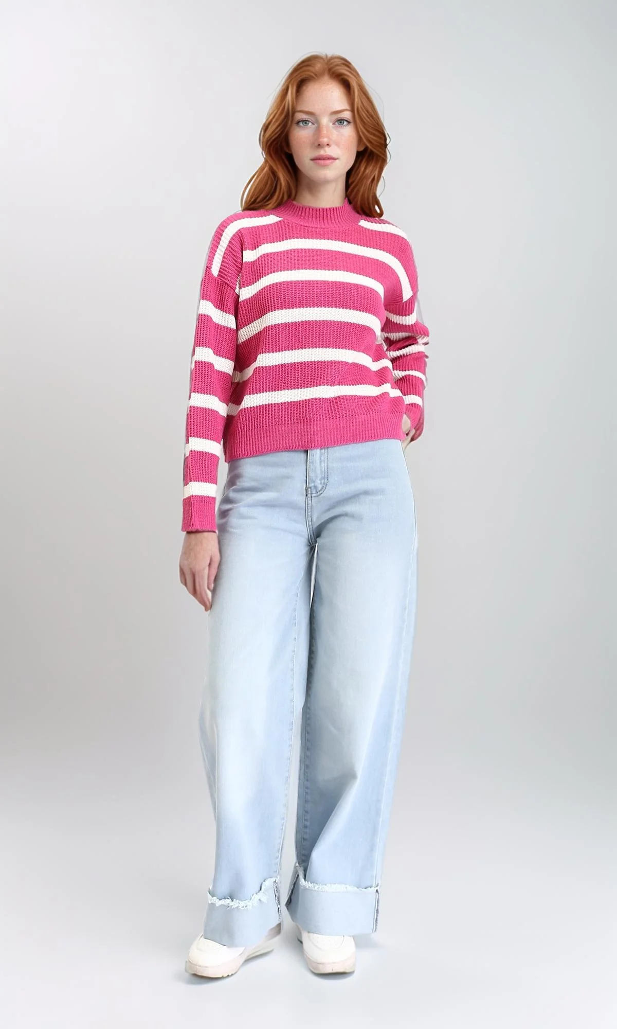 R211188 - Casual Striped Pullover with Ribbed Neck - Fuchsia & White - Image 5