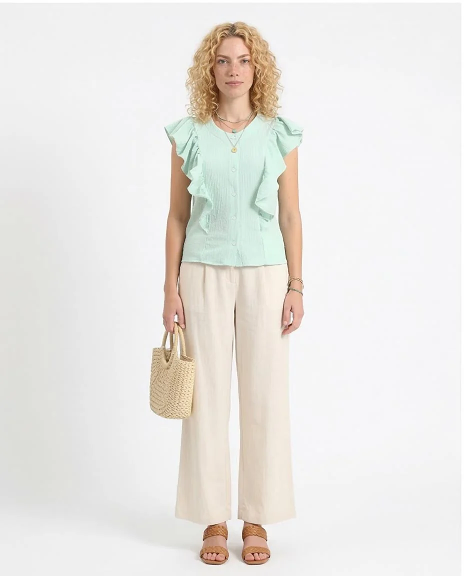 Ravin Women’s Ruffle-Trim Seersucker Sleeveless Blouse – Mint Green R211301 - Image 3