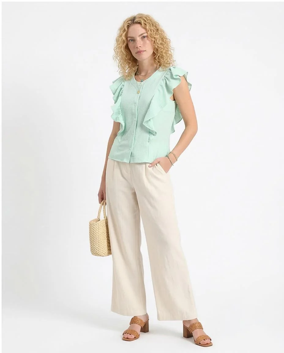 Ravin Women’s Ruffle-Trim Seersucker Sleeveless Blouse – Mint Green R211301 - Image 5