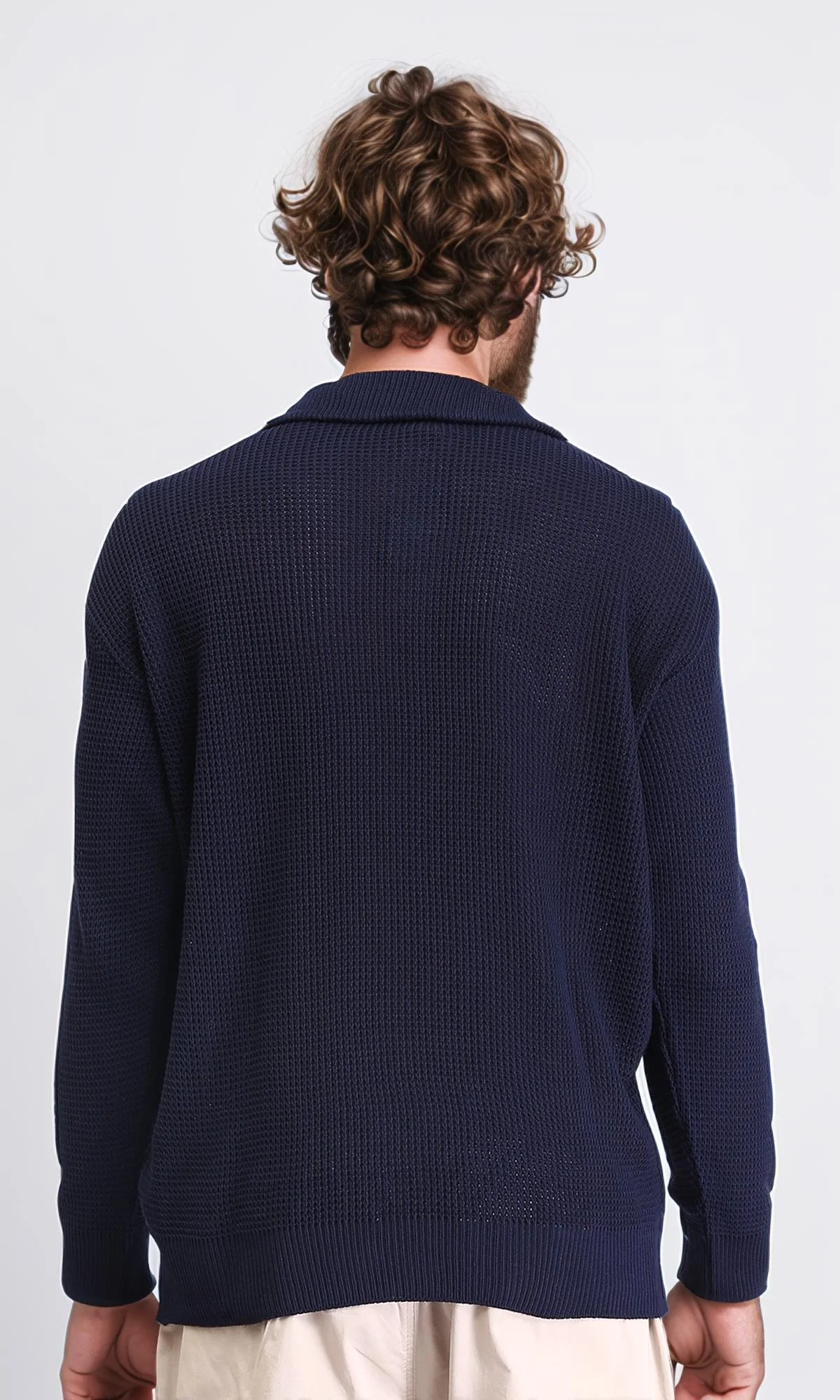 R211501 - Zipped Knitted Sweater with Classic Collar - Navy Blue - Image 2