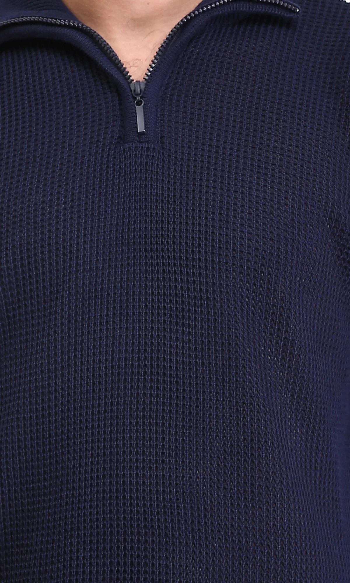 R211501 - Zipped Knitted Sweater with Classic Collar - Navy Blue - Image 3