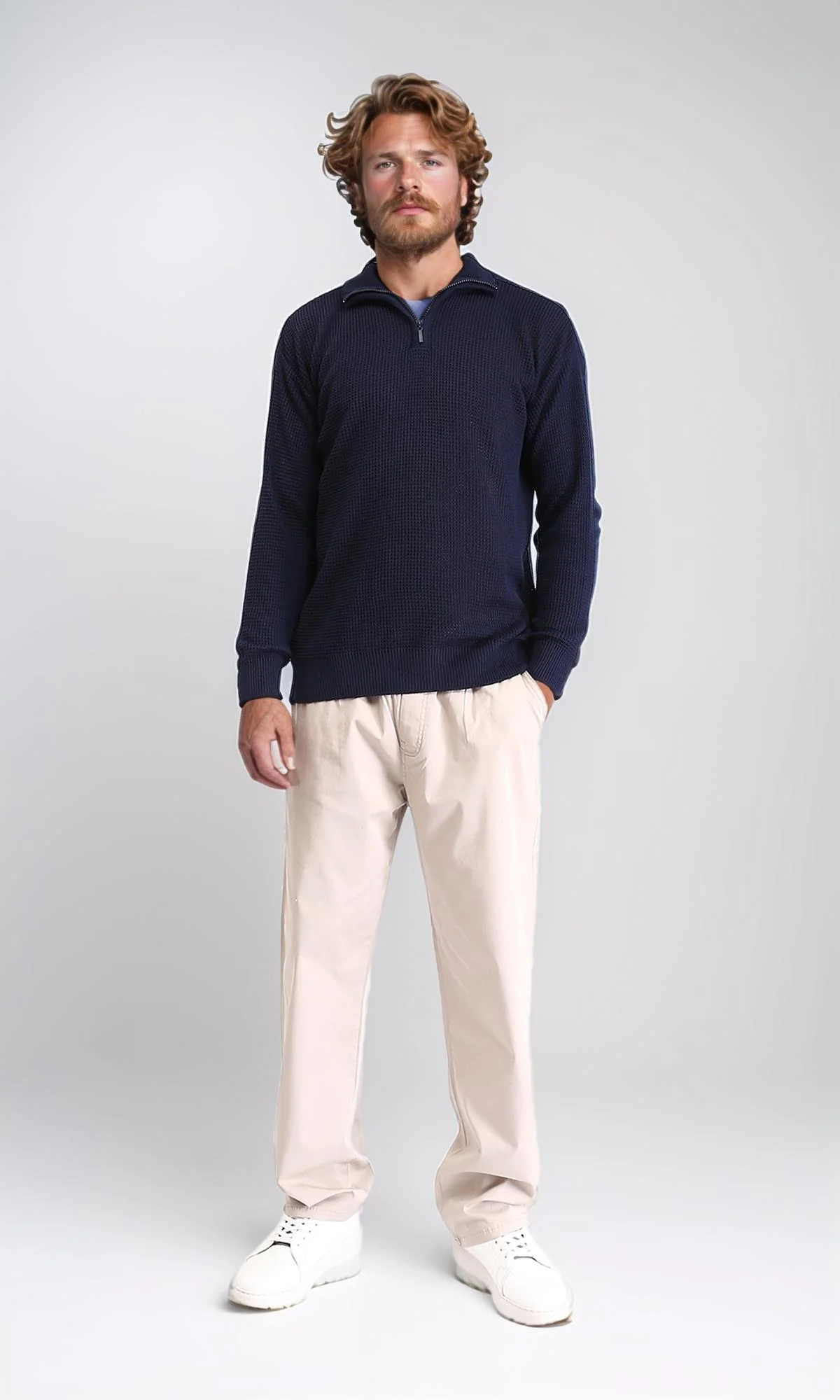 R211501 - Zipped Knitted Sweater with Classic Collar - Navy Blue - Image 4