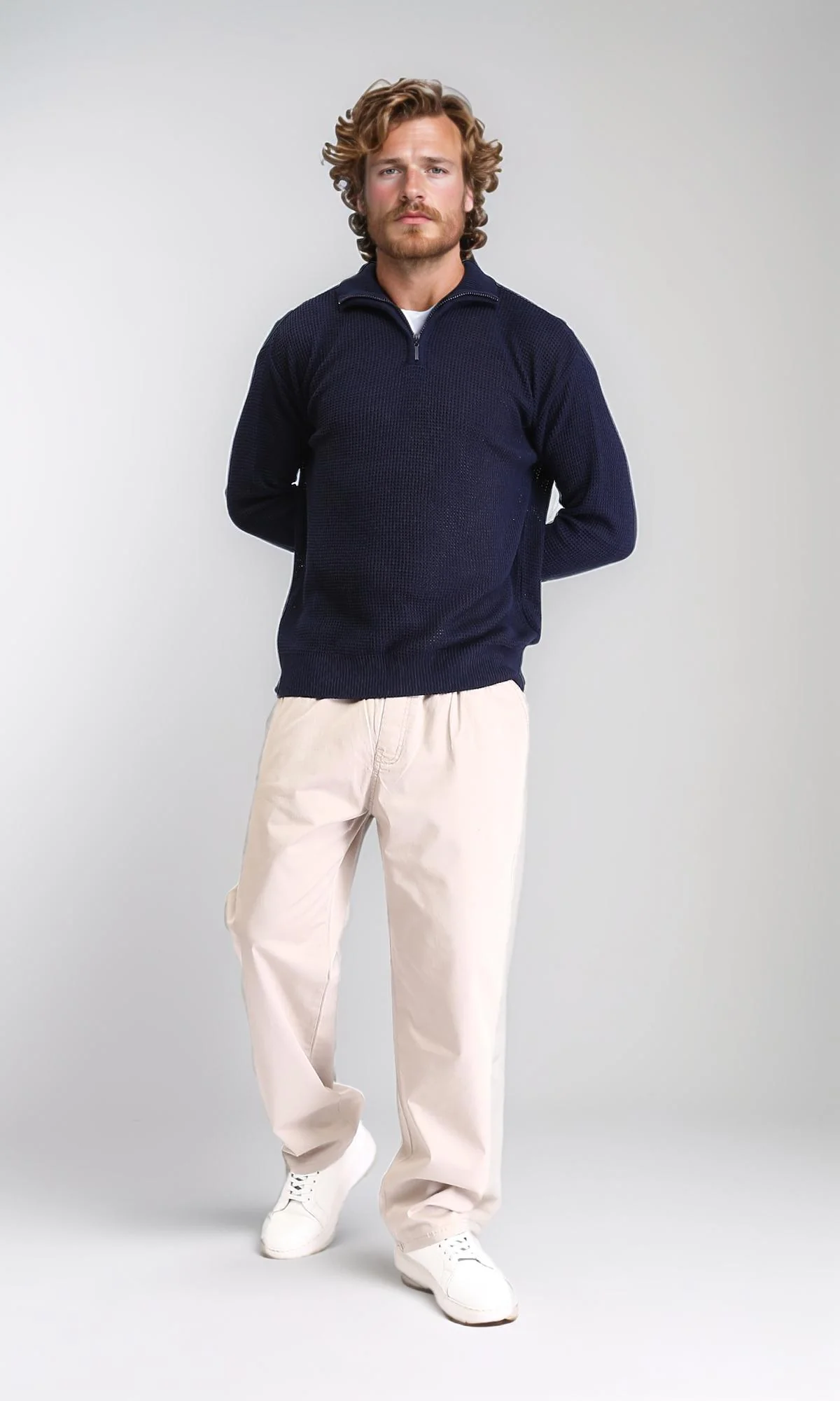 R211501 - Zipped Knitted Sweater with Classic Collar - Navy Blue - Image 5