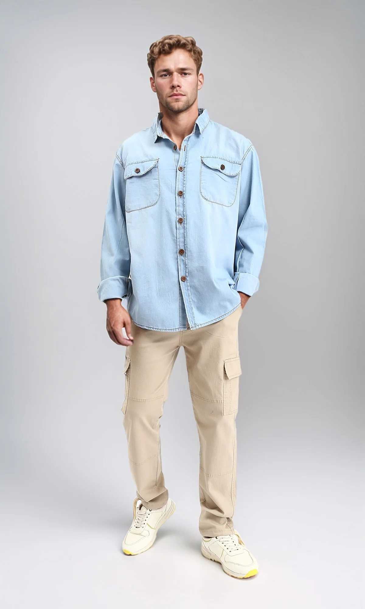 R211506 - Long Sleeves Denim Shirt with Pockets - Light Blue - Image 5