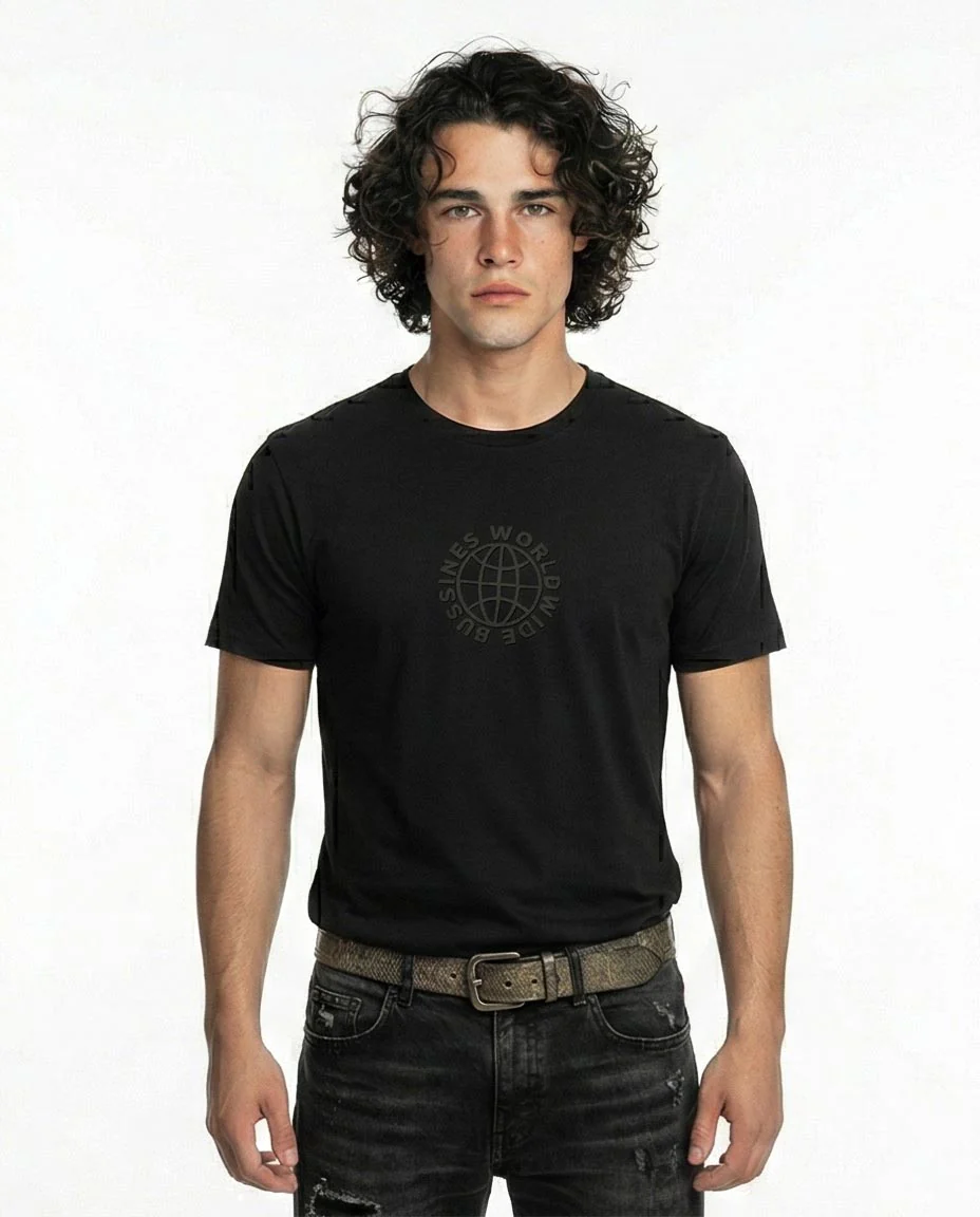 R211619 - "Business World Wide" Cotton Short Sleeves Tee - Black - Image 2