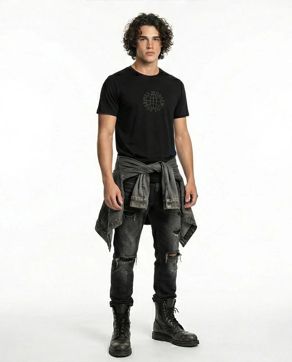 R211619 - "Business World Wide" Cotton Short Sleeves Tee - Black - Image 4