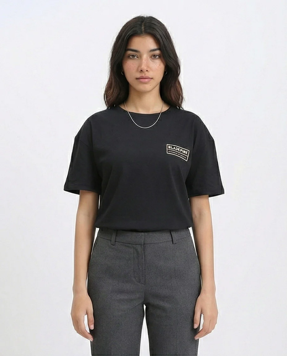 R211624 - Elbow Sleeves Crew Neck Printed Tee - Black
