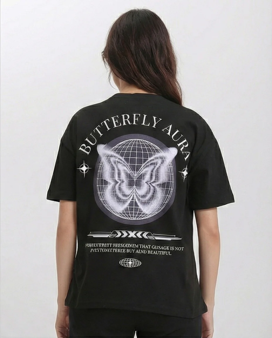 R211625 - Butterfly Crew Neck Printed Tee - Black - Image 2