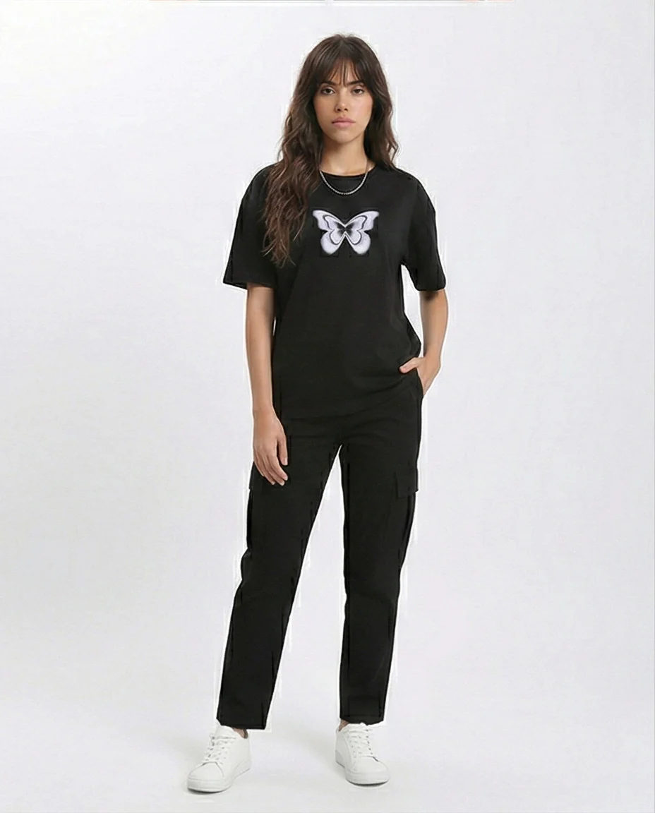 R211625 - Butterfly Crew Neck Printed Tee - Black - Image 3