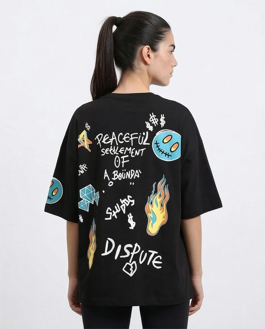 R211627 - Printed Elbow Sleeves Casual Tee - Black - Image 2