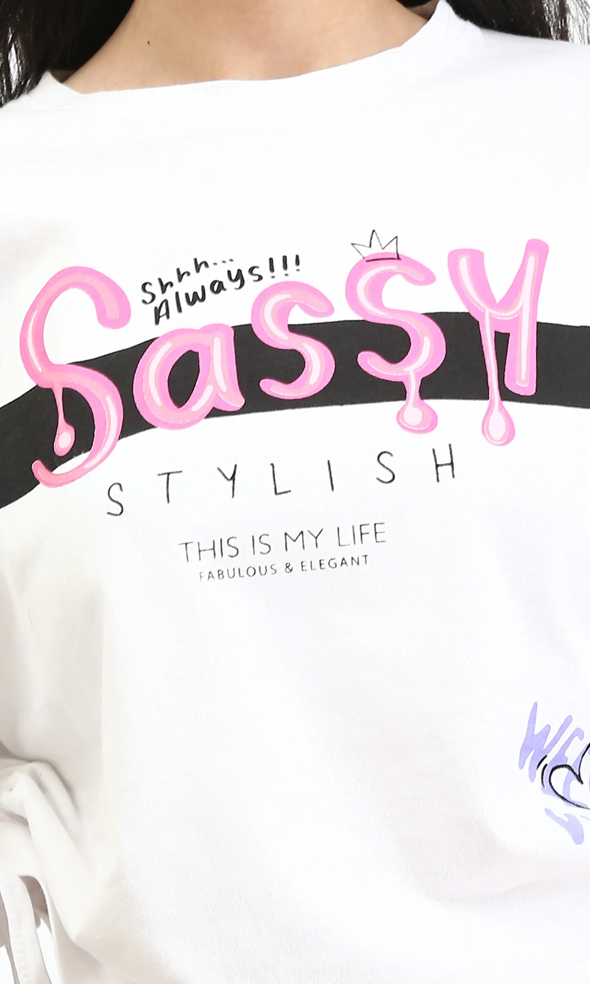 Ravin Women's Sassy Graphic Cinch-Side Oversized T-Shirt - White- Feminine Print Elbow Sleeves Tee - White - R211628 - Image 3