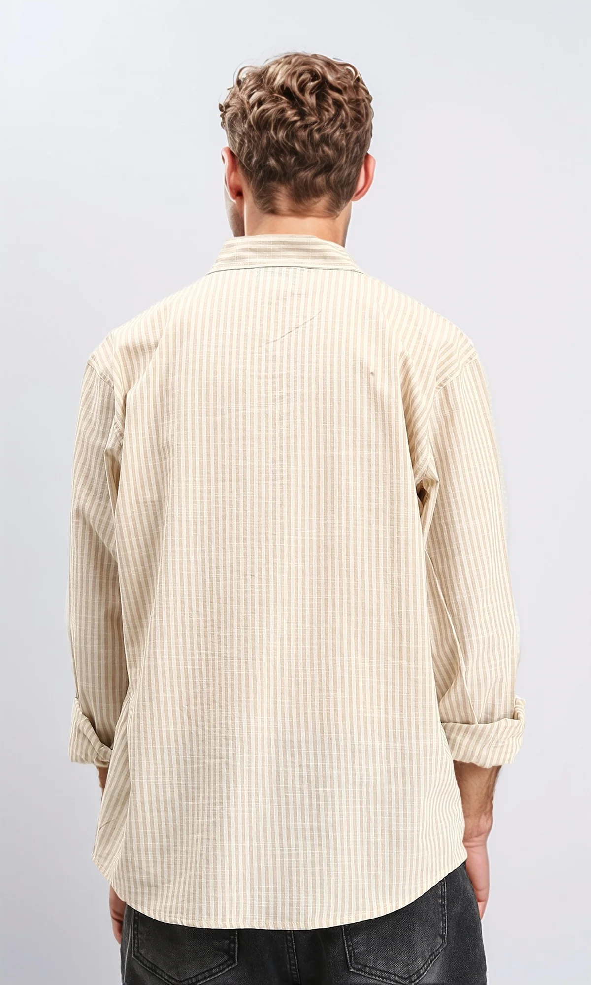 R211679 - Striped Long Sleeves Cotton Shirt - Mocha & White - Image 2