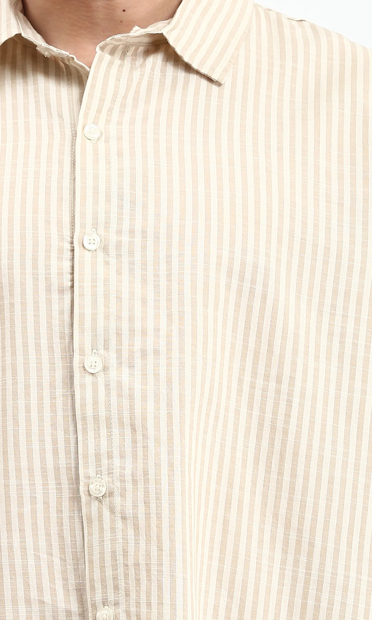 R211679 - Striped Long Sleeves Cotton Shirt - Mocha & White - Image 3