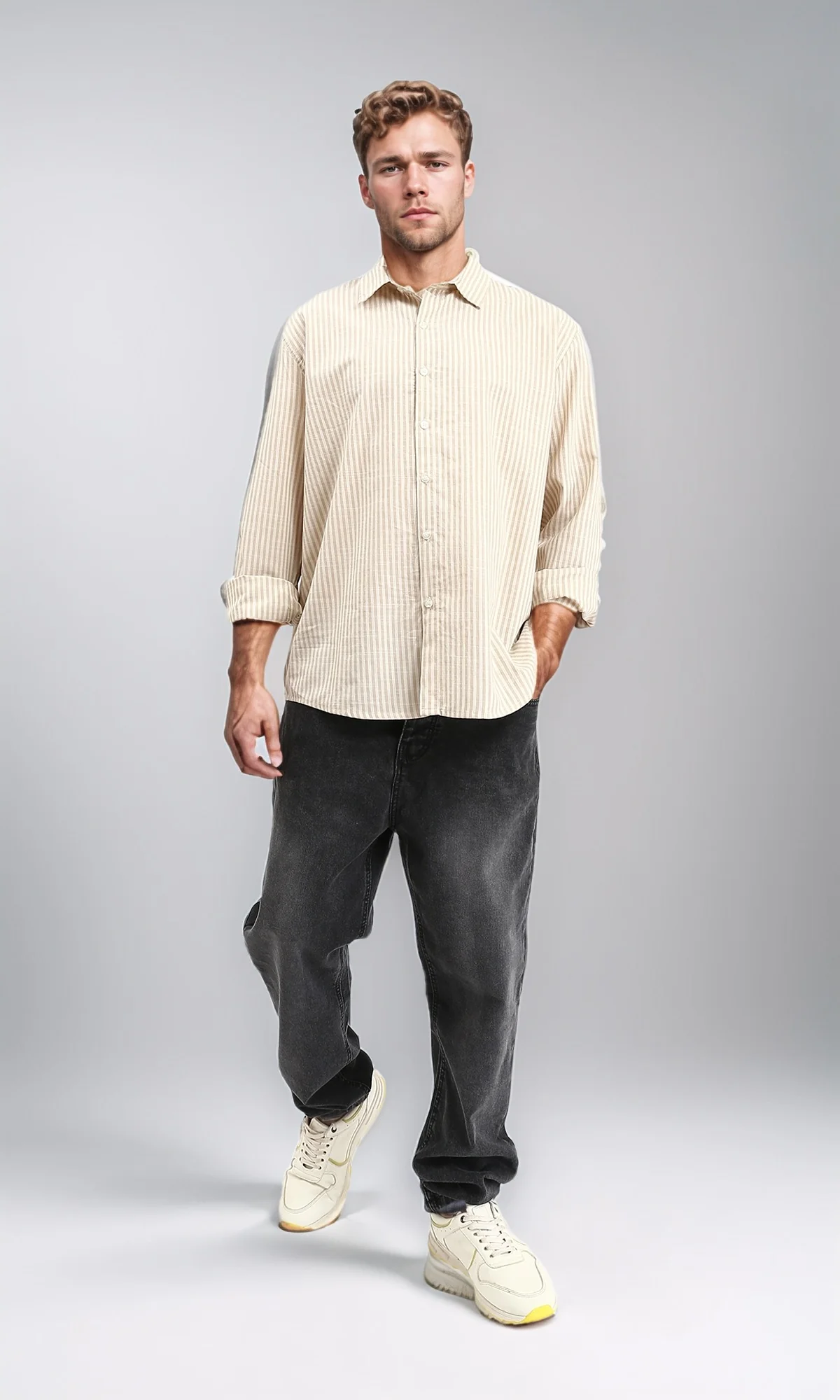 R211679 - Striped Long Sleeves Cotton Shirt - Mocha & White - Image 4
