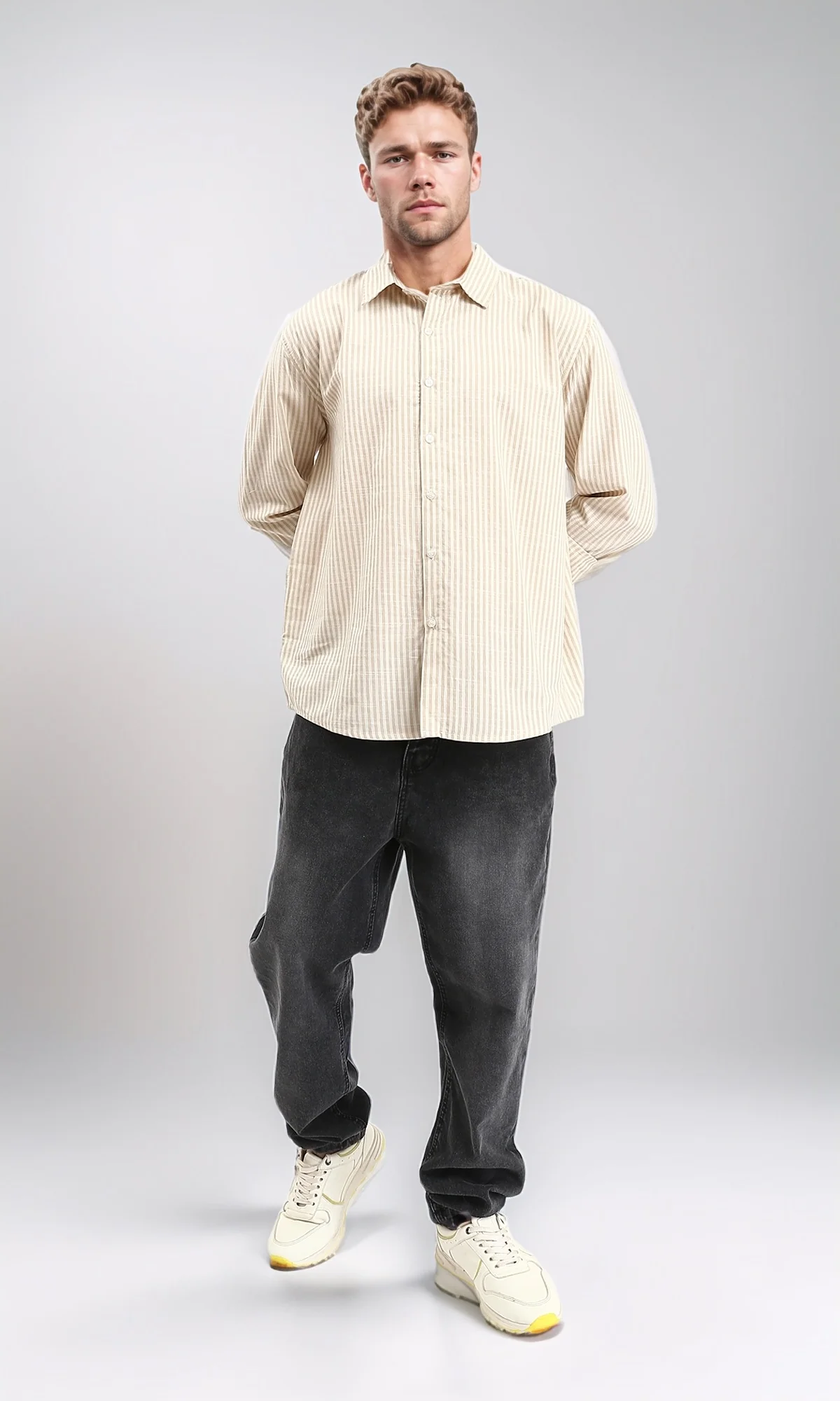 R211679 - Striped Long Sleeves Cotton Shirt - Mocha & White - Image 5