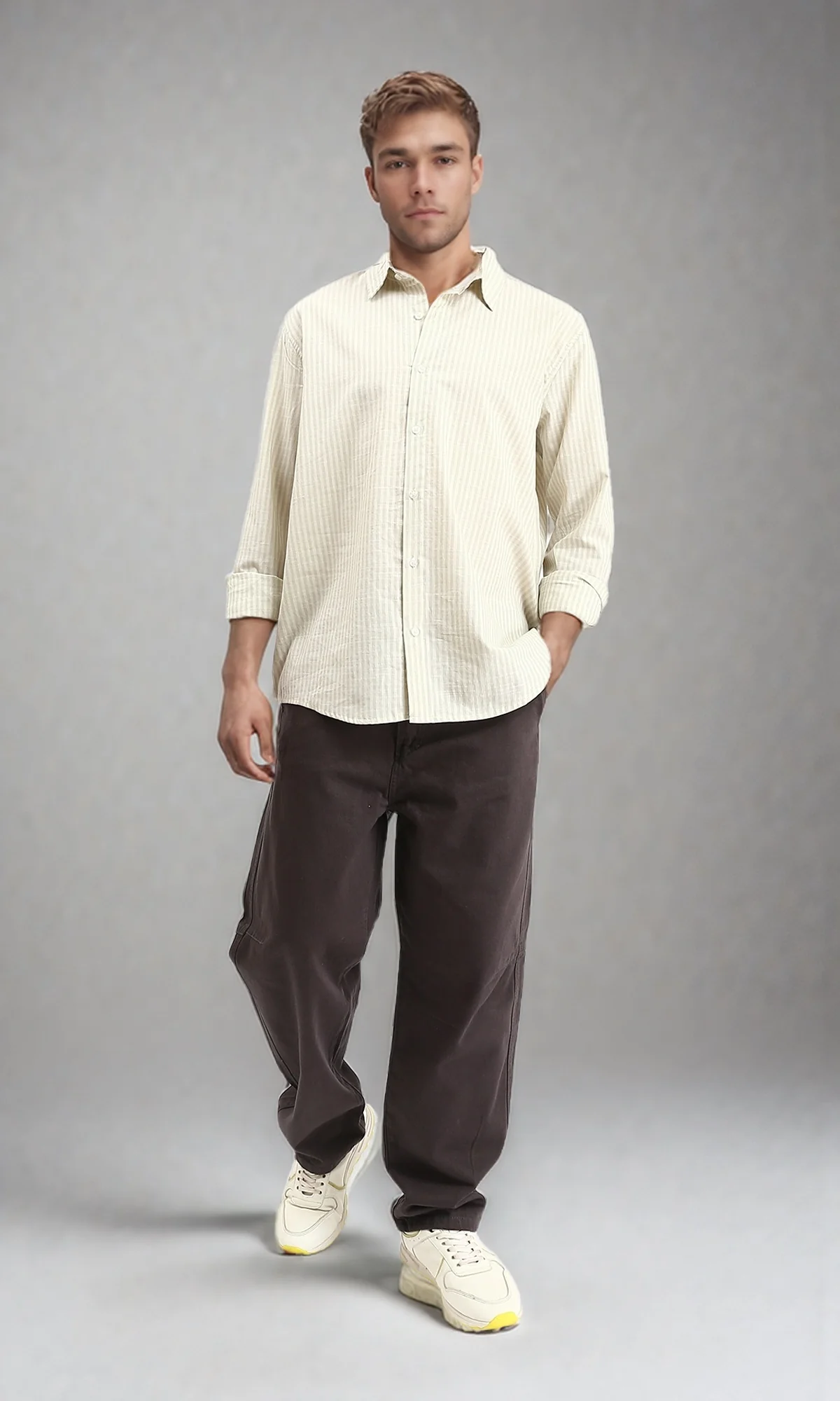 R211680 - Striped Long Sleeves Cotton Shirt - Beige & Mint - Image 4
