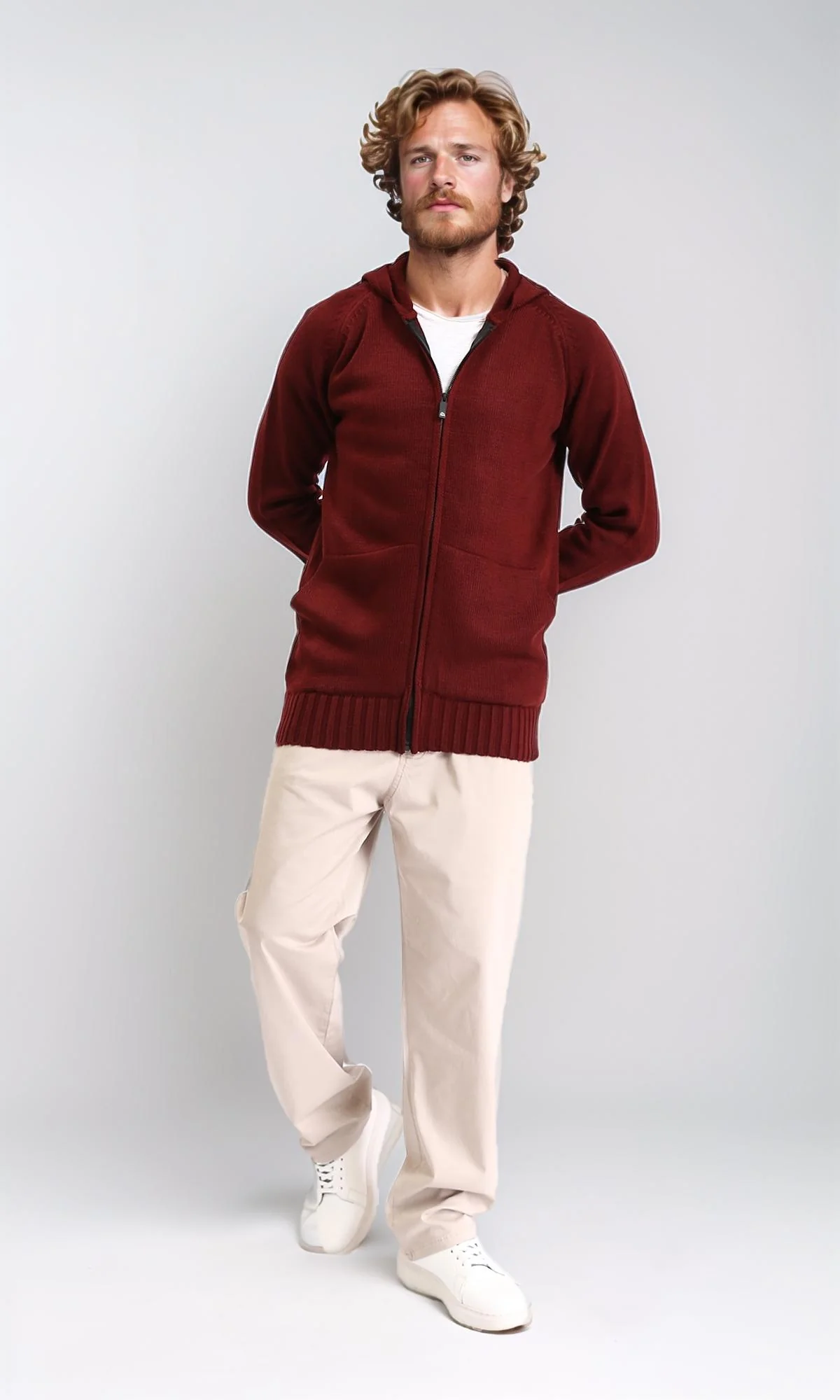 R211738 - Hooded Neck Full Zipper Knitted Sweater - Burgundy - Image 4