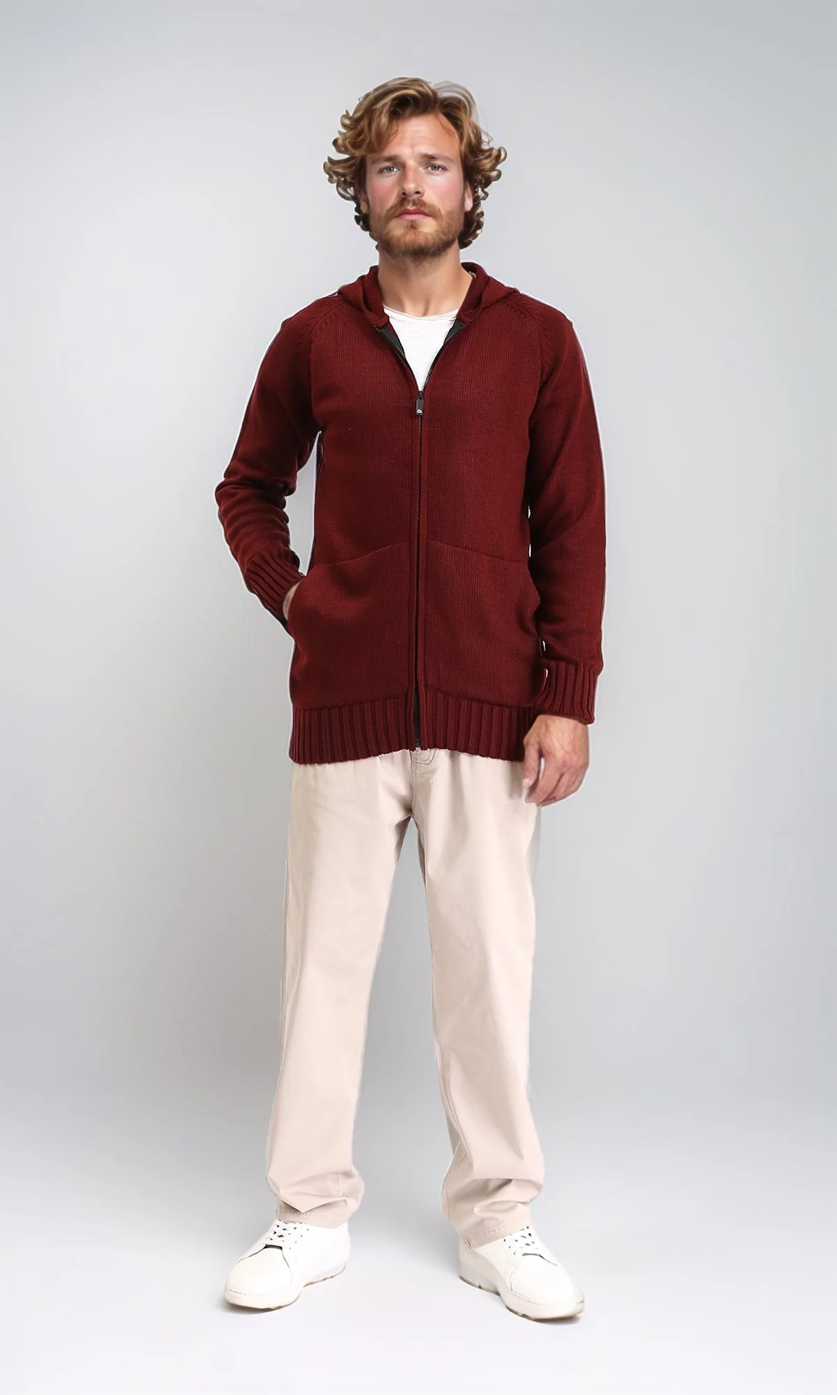 R211738 - Hooded Neck Full Zipper Knitted Sweater - Burgundy - Image 5